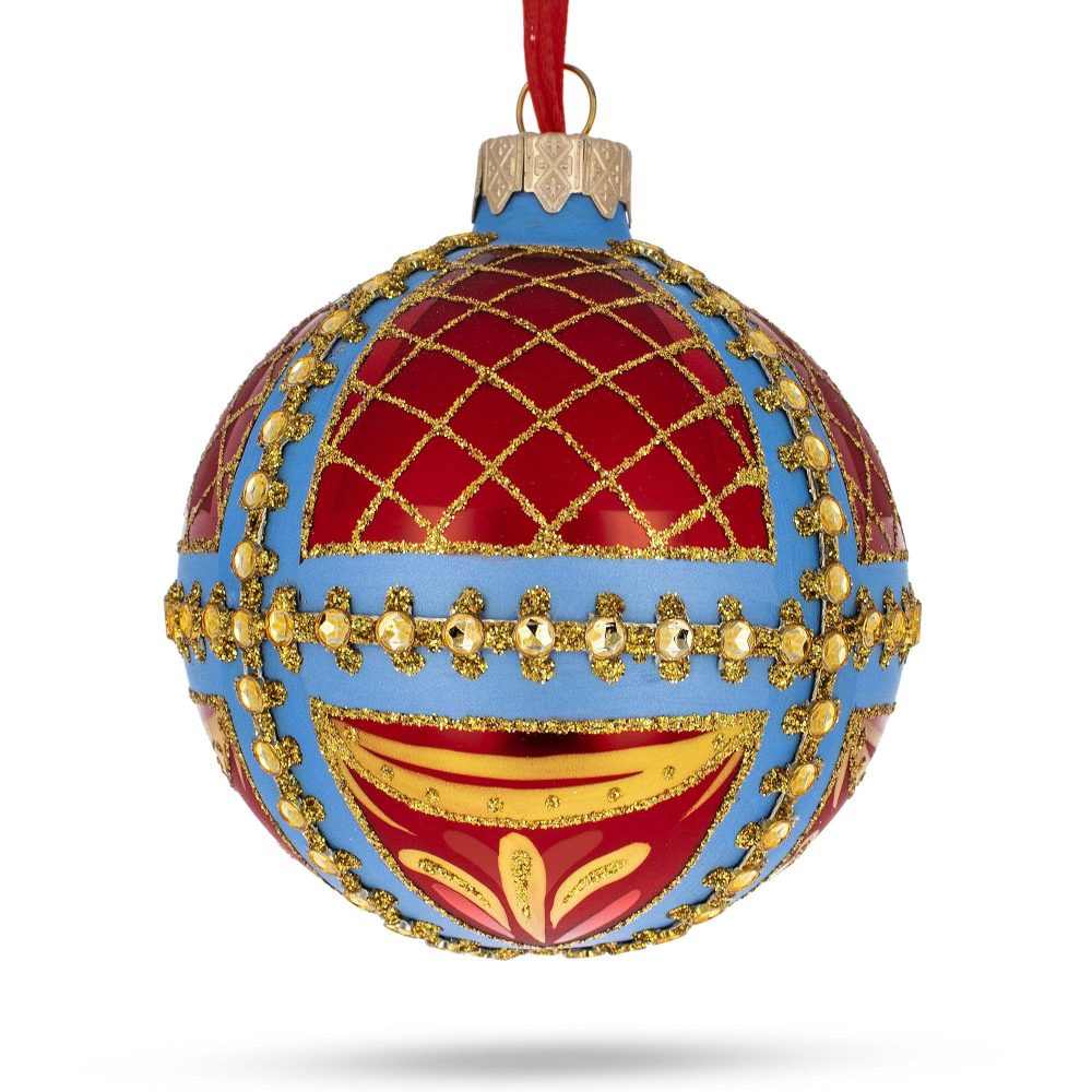 Trellis On Blue And Red Blown Glass Ball Christmas Ornament 3.25 Inches  |   Geometrical Geometrical Geometrical