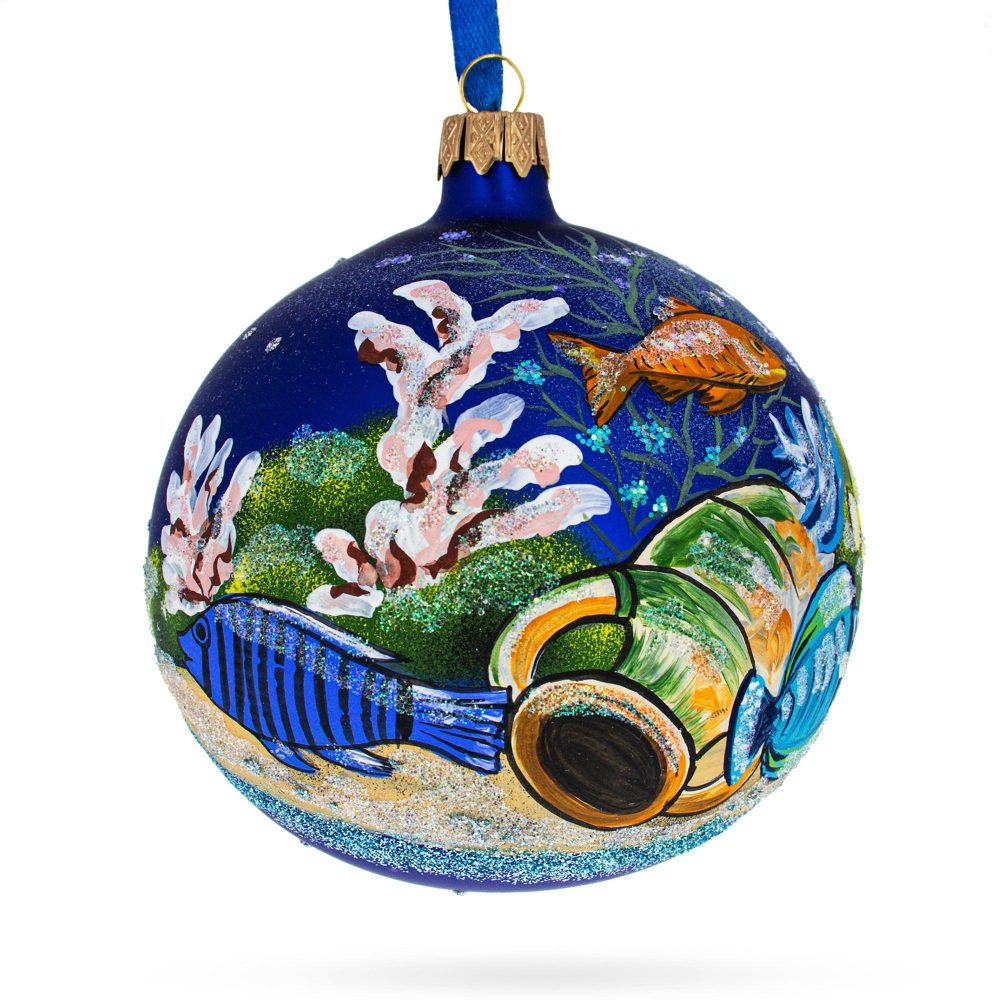 Tropical Aquarium Ensemble Blown Glass Ball Christmas Ornament 4 Inches  |   Animals Animals Animals