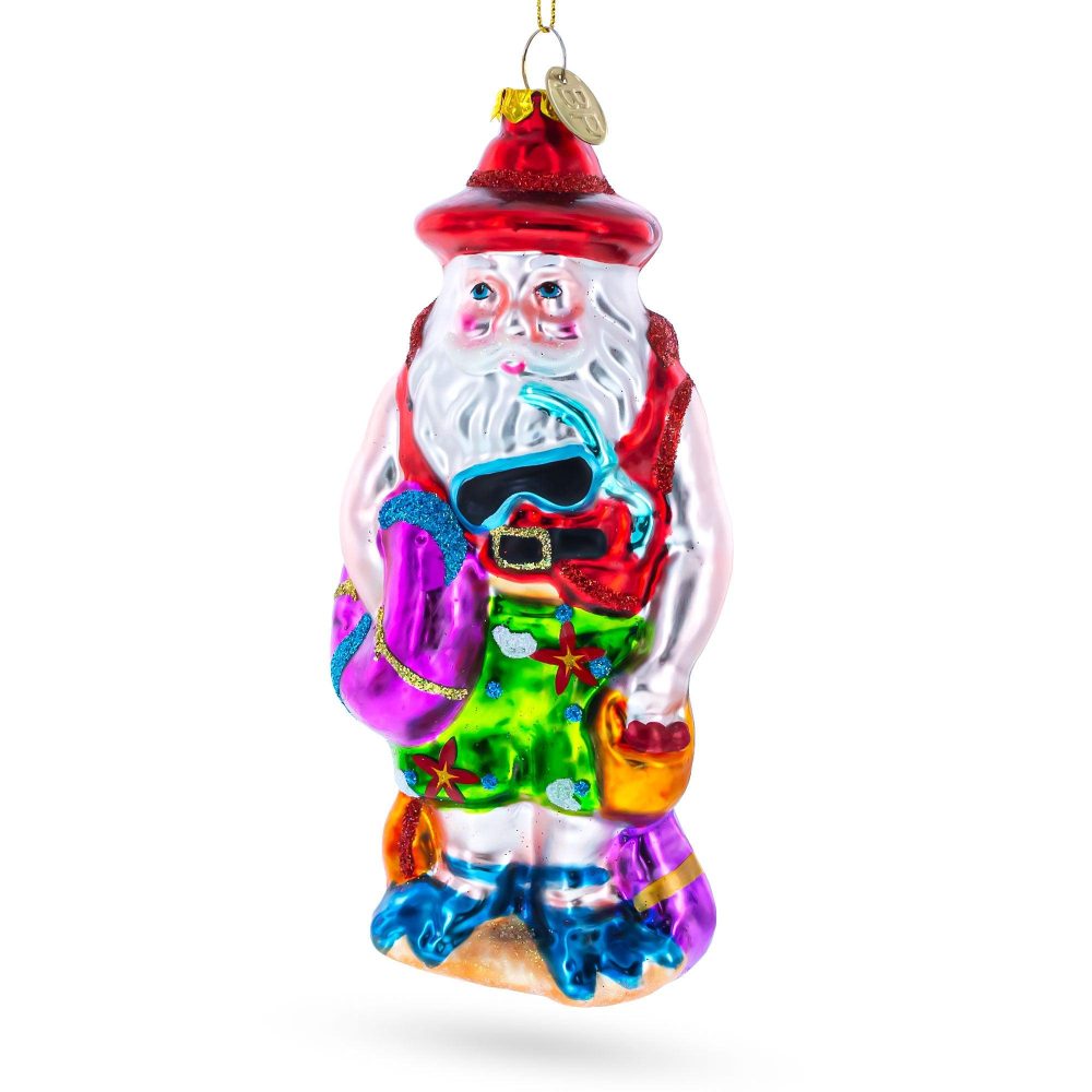 Tropical Diver Santa On The Beach Glass Christmas Ornament  |   Personalized Ornaments Personalized