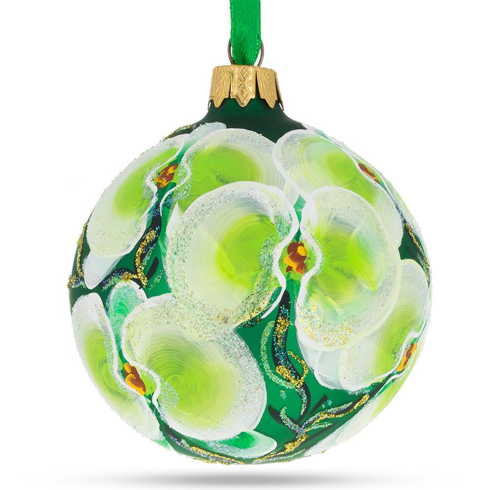 Tropical Green Orchid Elegance Blown Glass Ball Christmas Ornament 3.25 Inches  |   Flowers Flowers Flowers