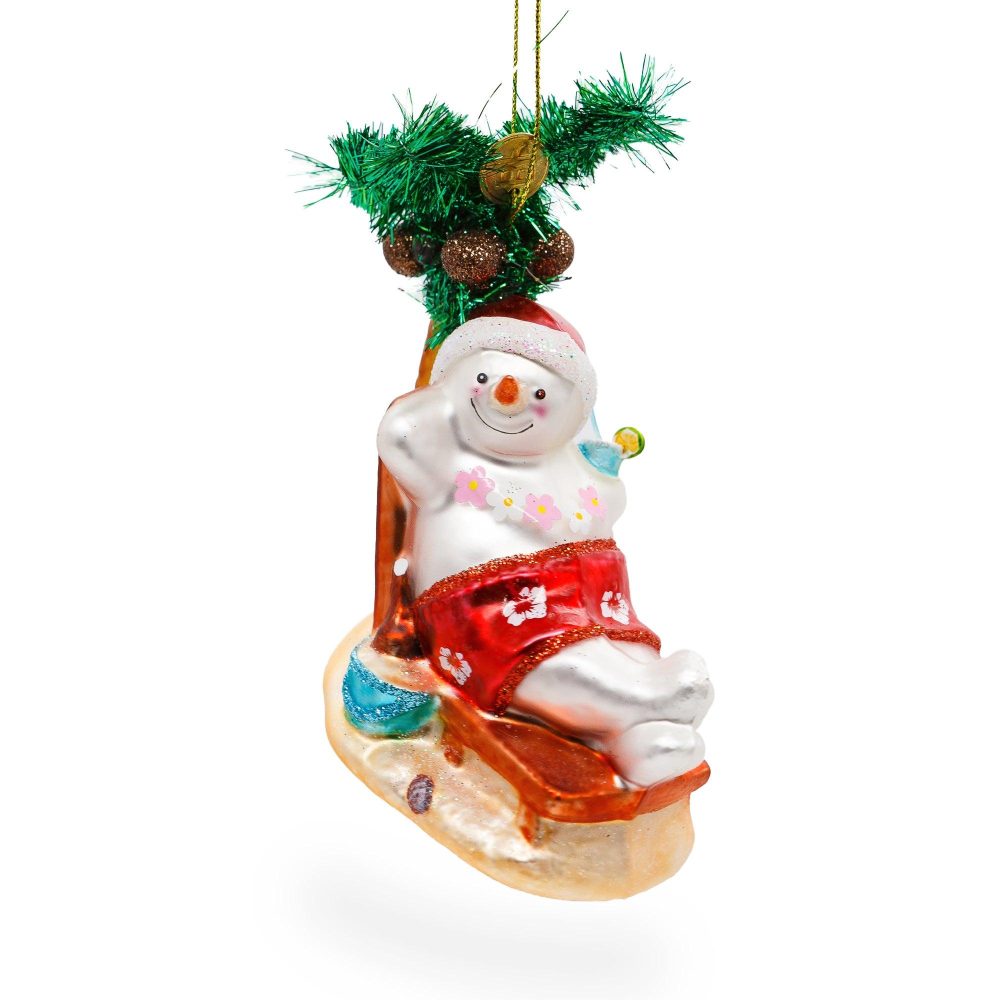 Tropical Snowman On The Beach Exotic Blown Glass Christmas Ornament  |   Personalized Ornaments Personalized