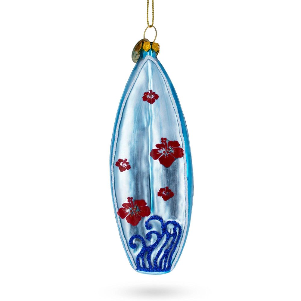 Tropical Vibes Blue Surfboard Blown Glass Christmas Ornament  |   Personalized Ornaments Personalized