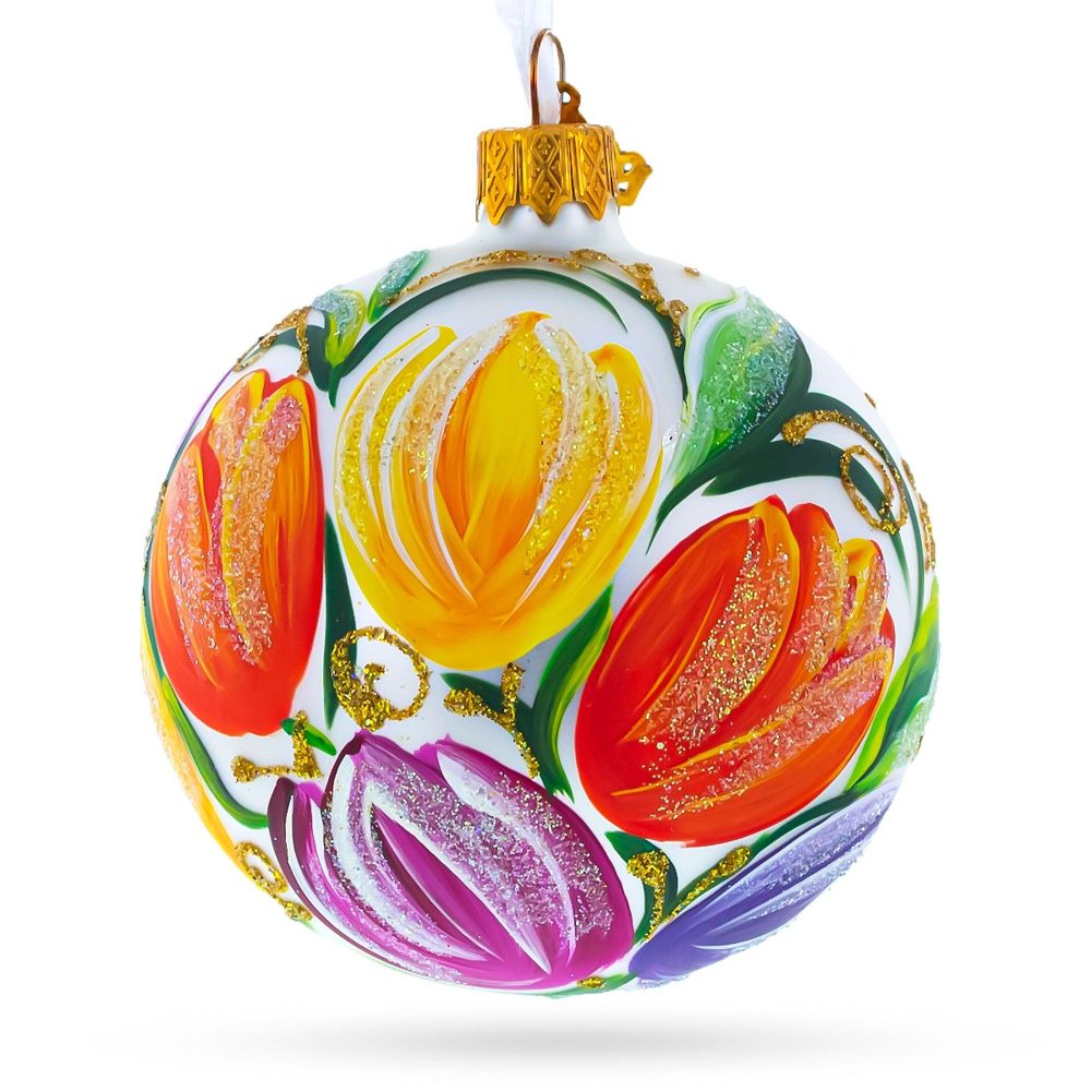 Tulip Bouquet On White Blown Glass Ball Christmas Ornament 3.25 Inches  |   Flowers Flowers Flowers