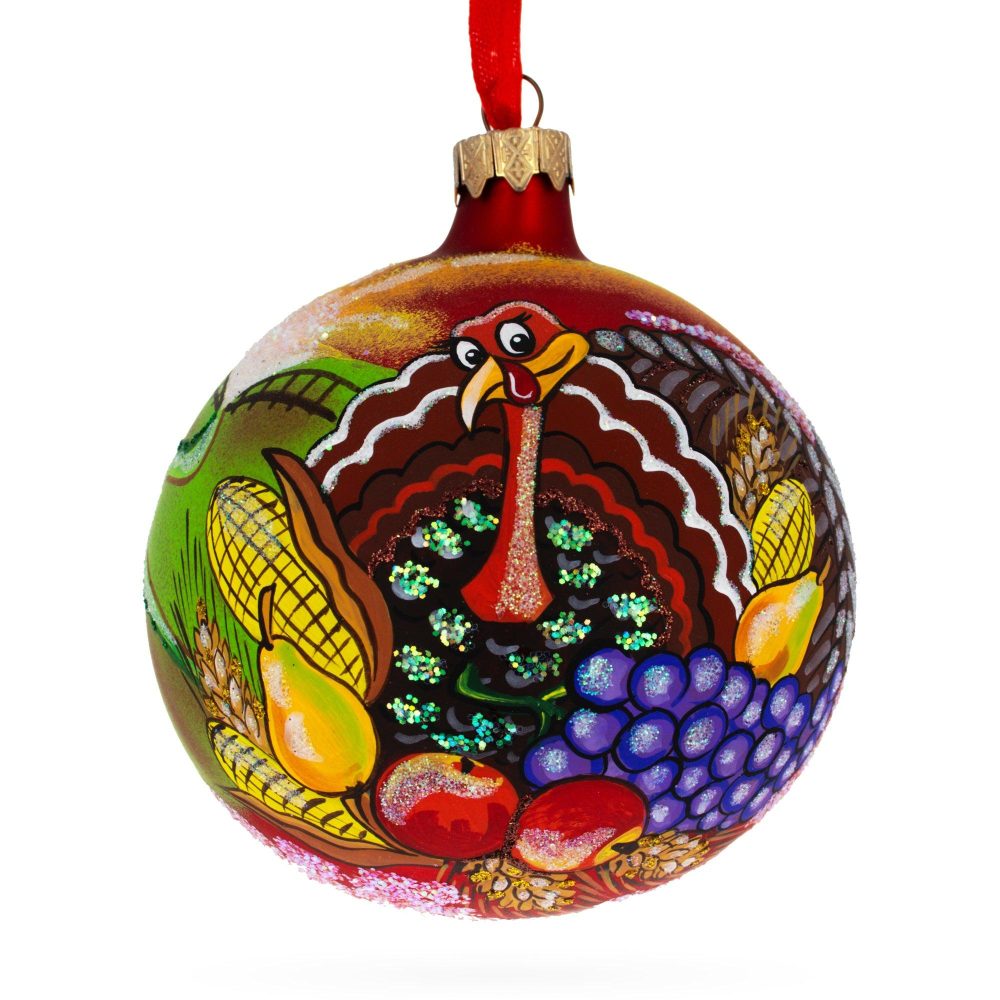 Turkey On The Field Thanksgiving Glass Ball Christmas Ornaments 4 Inches  |   Occasions Occasions Occasions