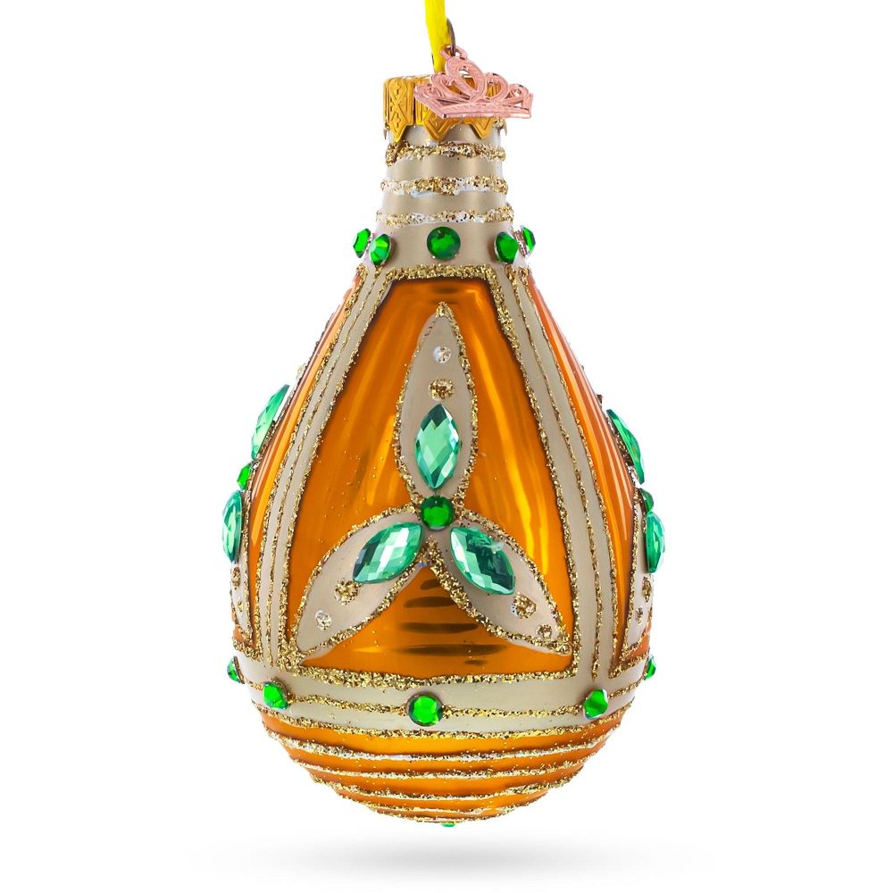 Turquoise Jewels On Striped Gold Glass Waterdrop Finial Christmas Ornament  |   Couturier Couturier Couturier