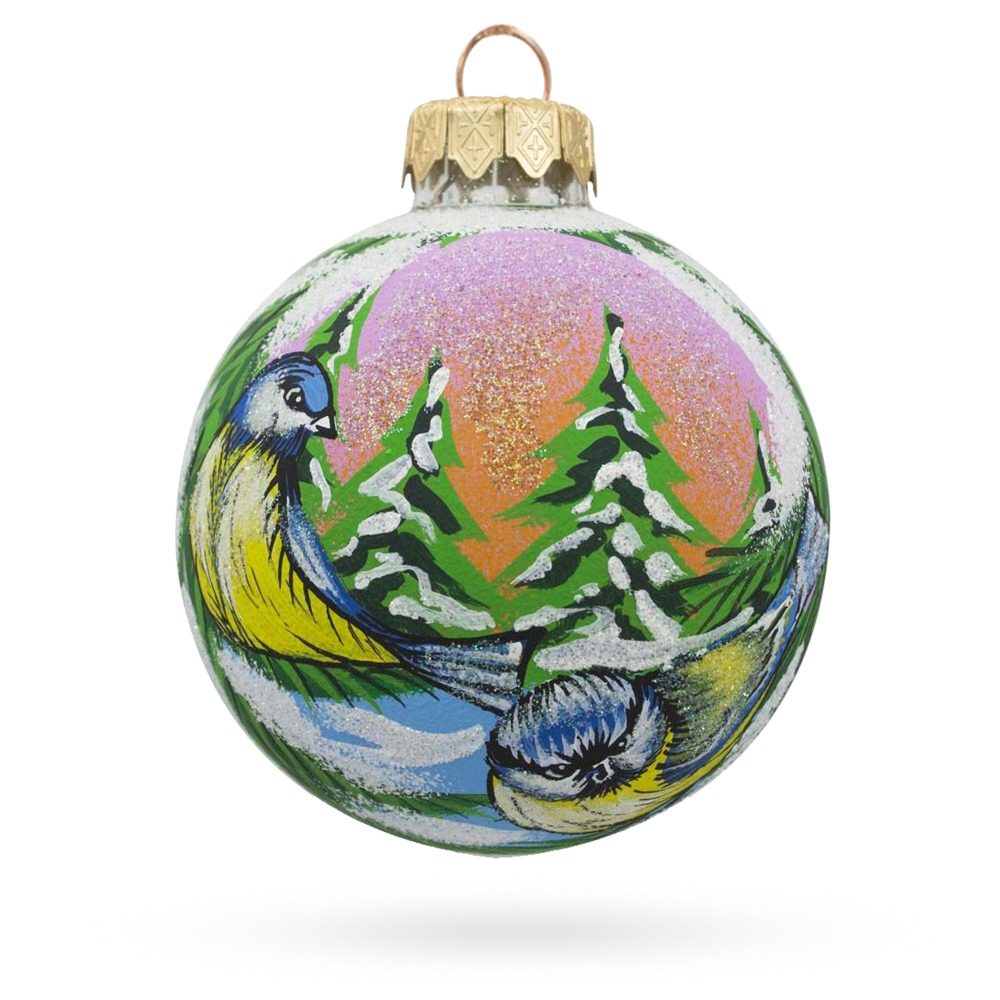 Twin Blue Birds Blown Glass Ball Christmas Ornament 3.25 Inches  |   Animals Animals Animals