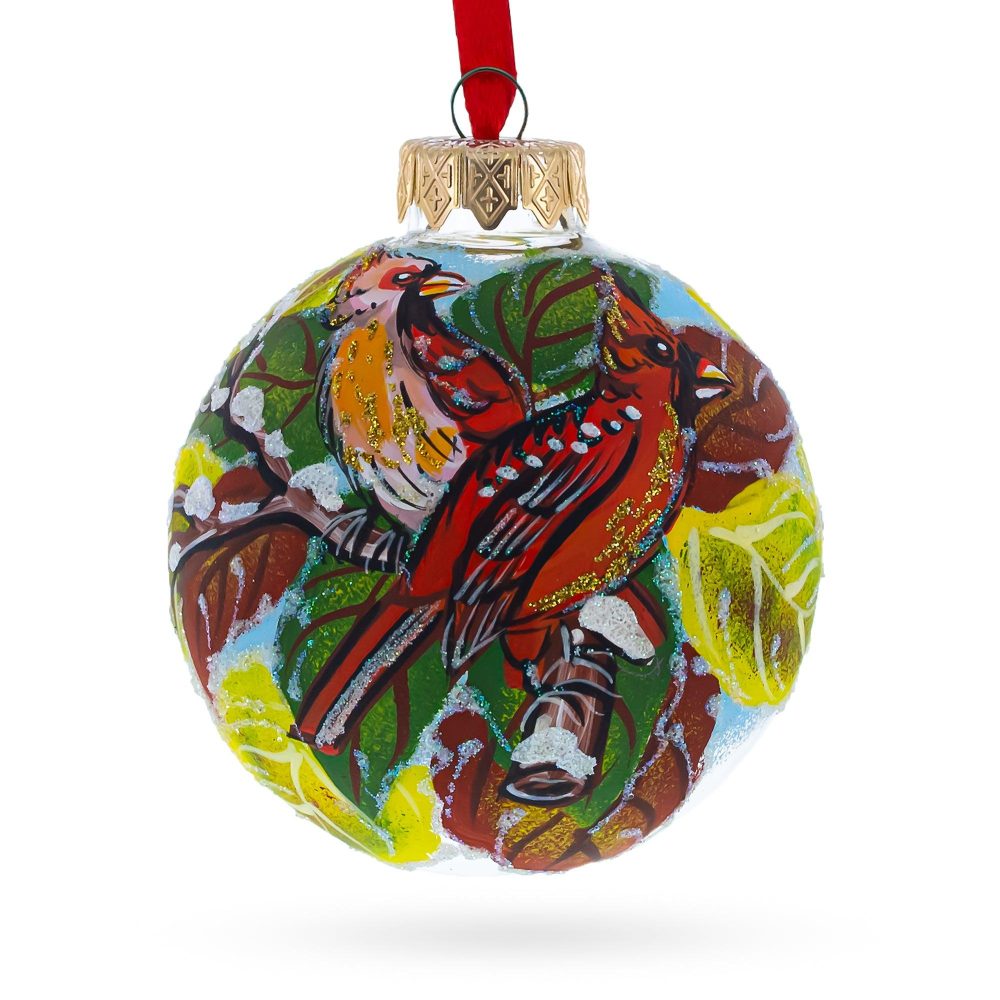 Two Cardinal Birds Blown Glass Ball Christmas Ornament 3.25 Inches  |   Animals Animals Animals