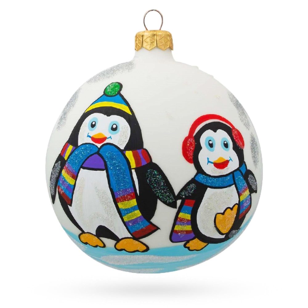 Two Penguins Blown Glass Ball Christmas Ornament 4 Inches  |   Animals Animals Animals