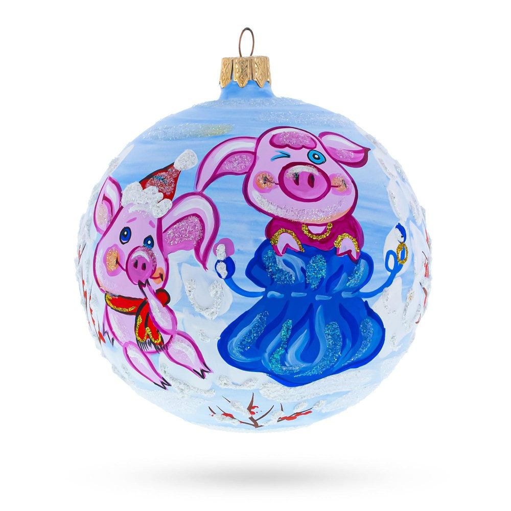 Two Pigs With Gifts Blown Glass Ball Christmas Ornament 4 Inches  |   Animals Animals Animals