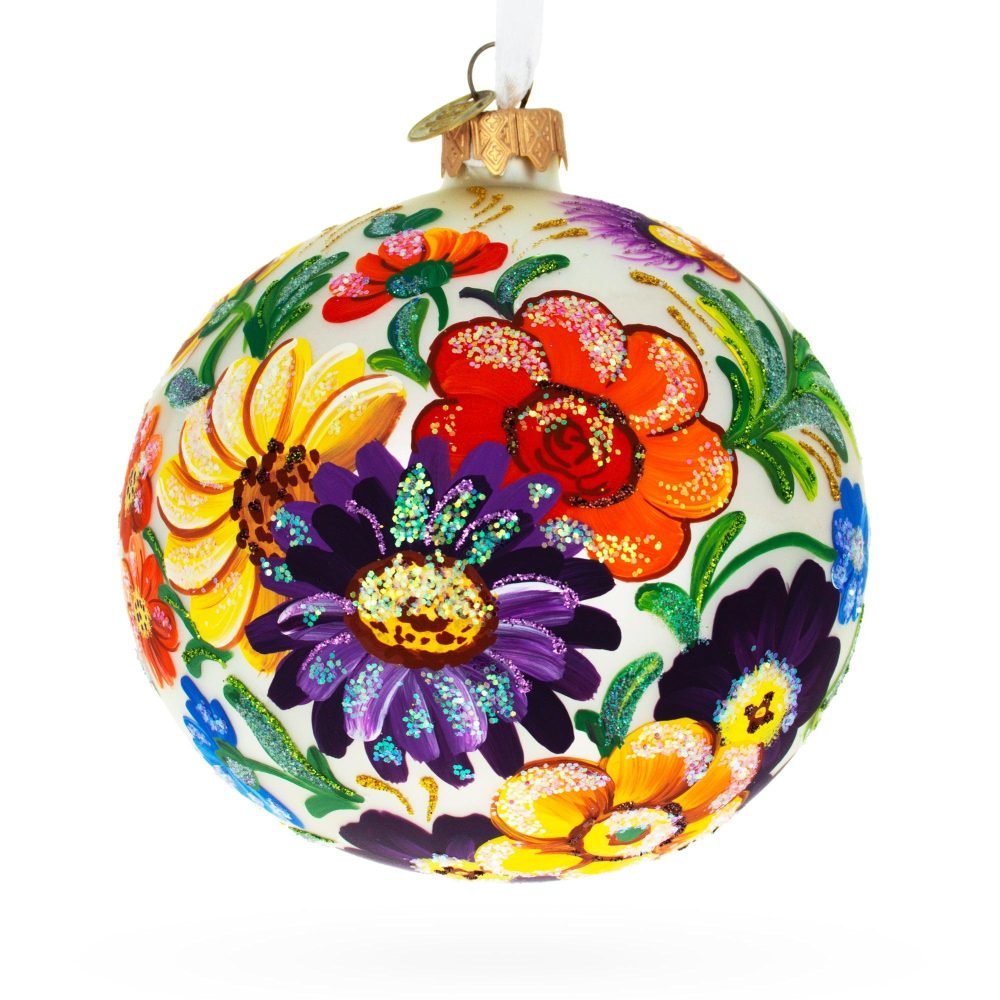 Ukrainian Petrykivka Floral Painting Blown Glass Ball Christmas Ornament 4 Inches  |   Flowers Flowers Flowers