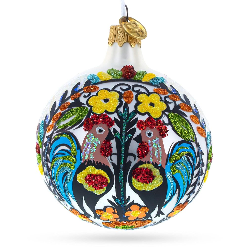 Ukrainian Petrykivka Painting Blown Glass Ball Christmas Ornament 4 Inches  |   Flowers Flowers Flowers