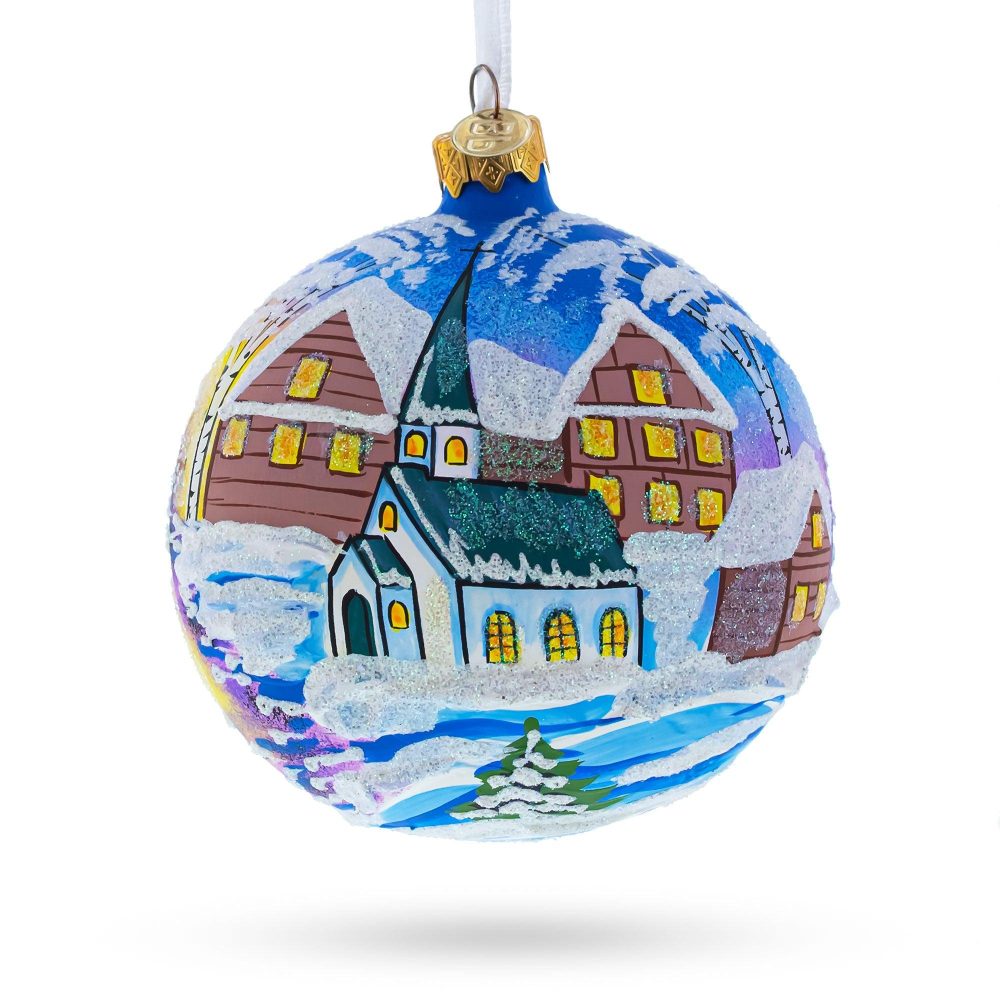 Ukrainian Winter Village Church Blown Glass Ball Christmas Ornament 4 Inches  |   Religious Ornaments Ornaments Religious Ornaments