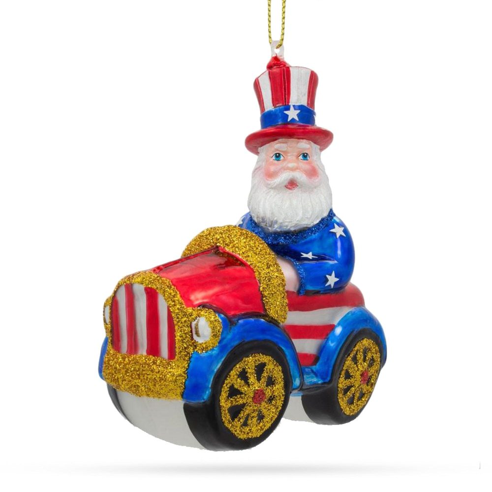 Uncle Sam Santa Driving A Car Blown Glass Christmas Ornament  |   Patriotic Ornaments Patriotic