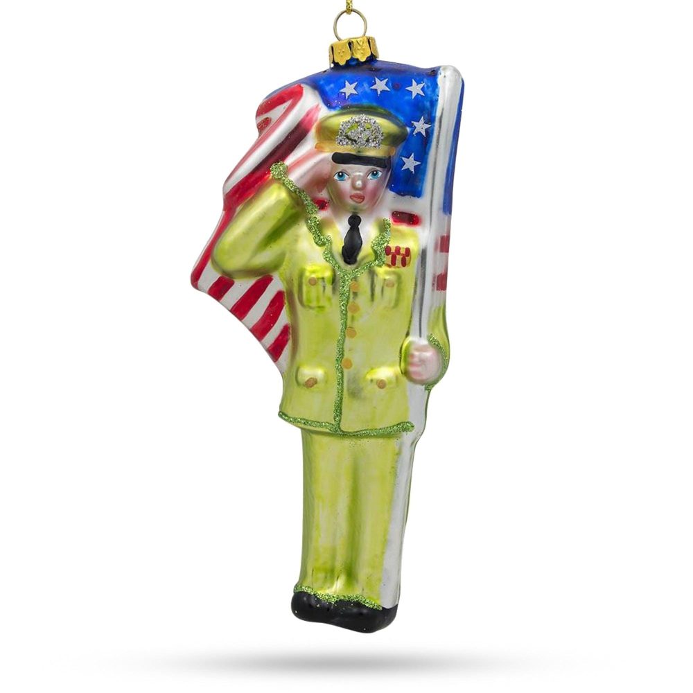 Usa Army Soldier With Flag Blown Glass Christmas Ornament  |   Military Military Military