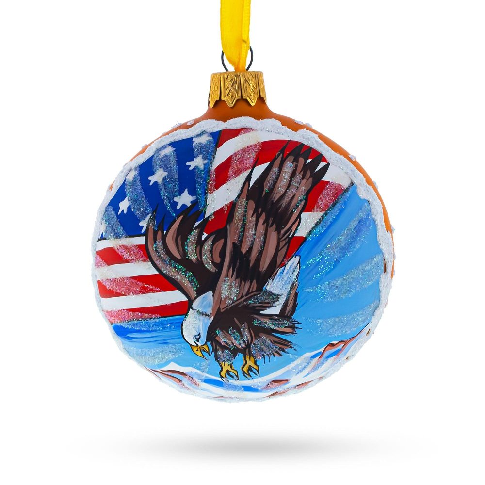 Usa Flag And Bald Eagle Blown Glass Ball Christmas Ornament 3.25 Inches  |   Patriotic Ornaments Patriotic