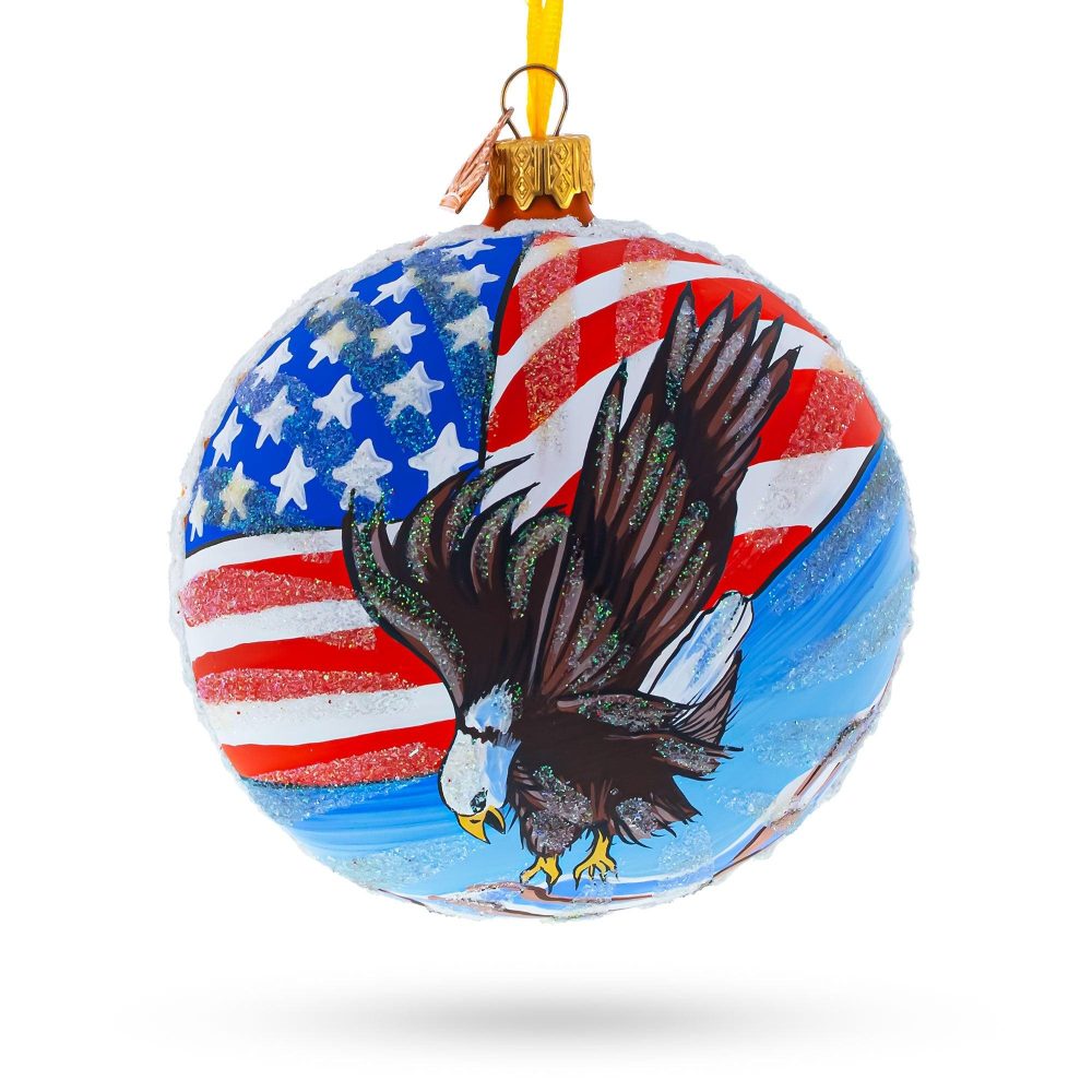 Usa Flag And Bald Eagle Blown Glass Ball Christmas Ornament 4 Inches  |   Patriotic Ornaments Patriotic