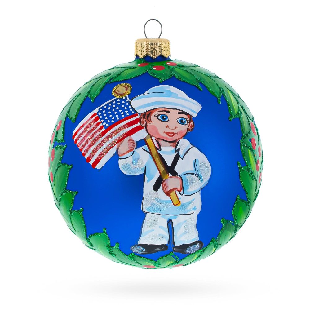 Usa Navy Soldier With American Flag Blown Glass Ball Patriotic Christmas Ornament 4 Inches  |   Military Military Military