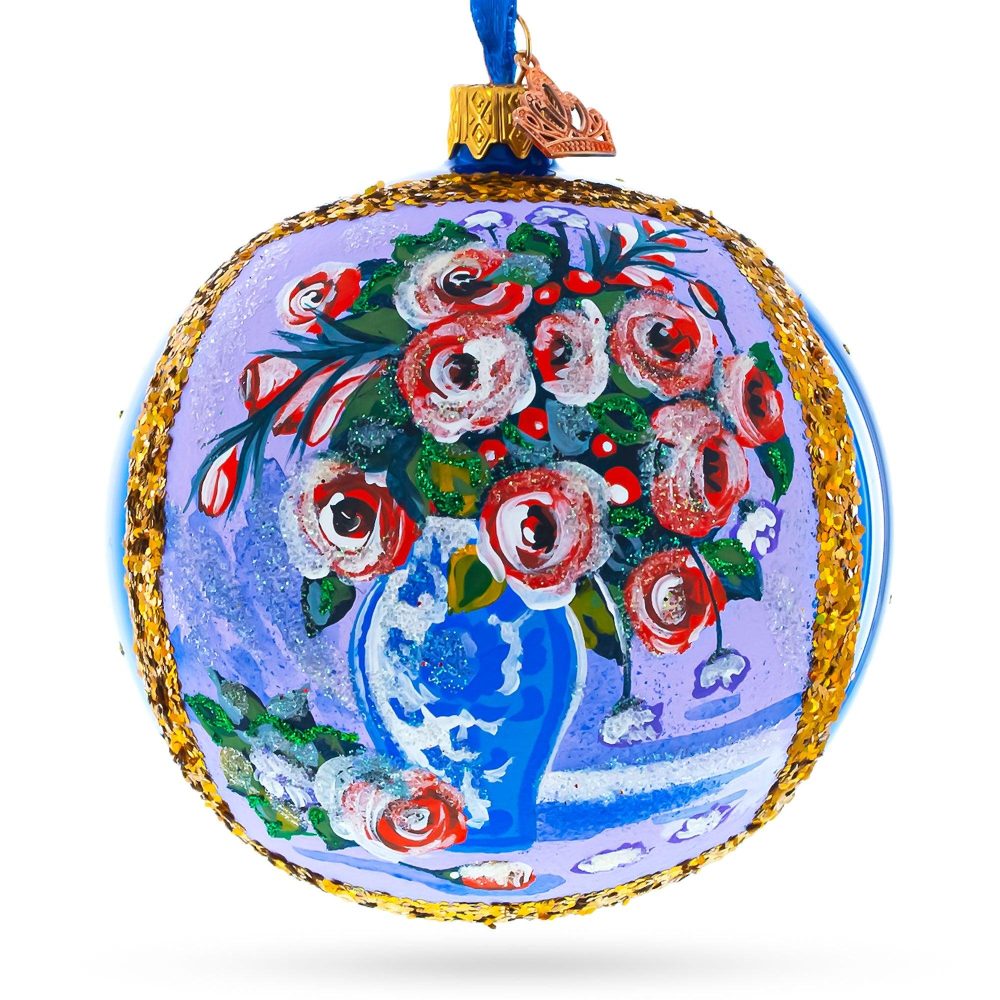 Vase Of Roses Painting Glass Ball Christmas Ornament 4 Inches  |   Artworks Artworks Artworks