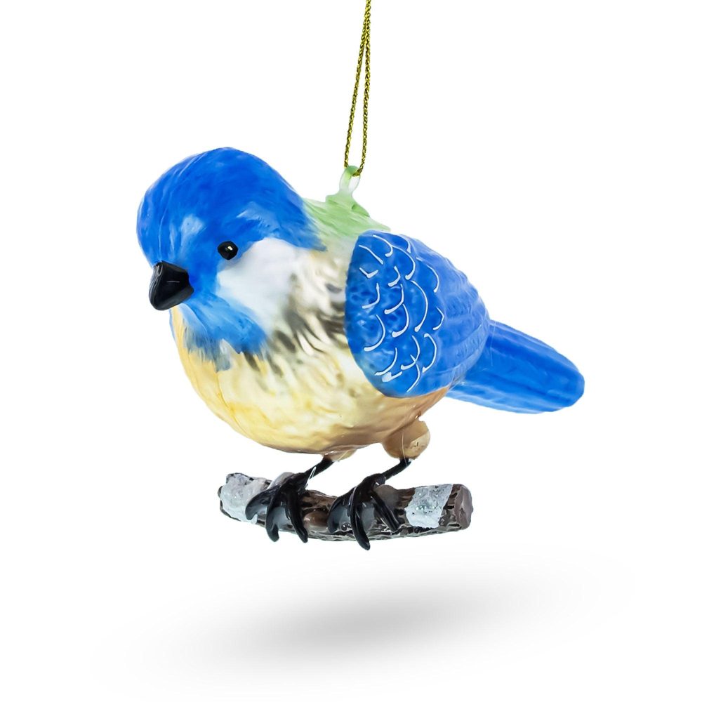 Vibrant Bluebird In Multicolored Splendor Blown Glass Christmas Ornament  |   Animals Animals Animals