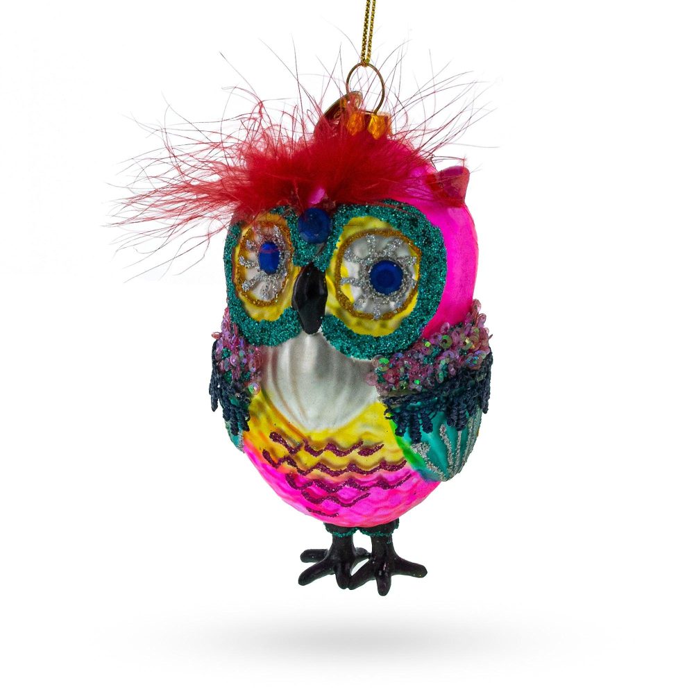 Vibrant Colorful Owl Blown Glass Christmas Ornament  |   Animals Animals Animals