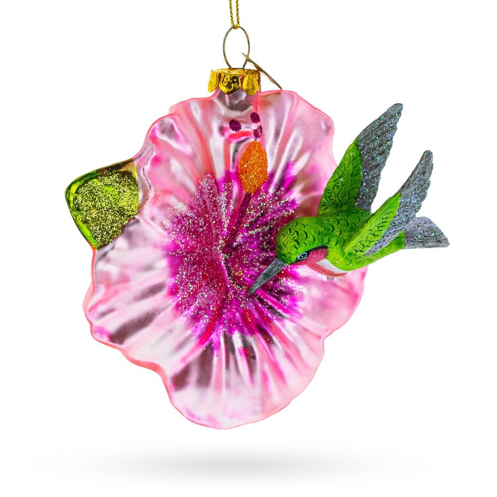 Vibrant Hummingbird With Hibiscus Glass Christmas Ornament  |   Flowers Flowers Flowers