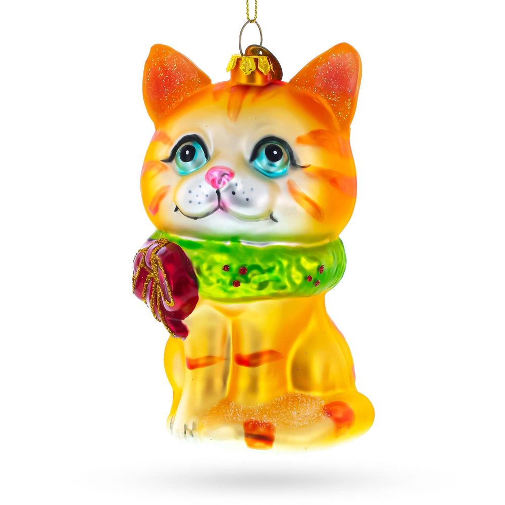 Vibrant Orange Cat Blown Glass Christmas Ornament  |   Animals Animals Animals