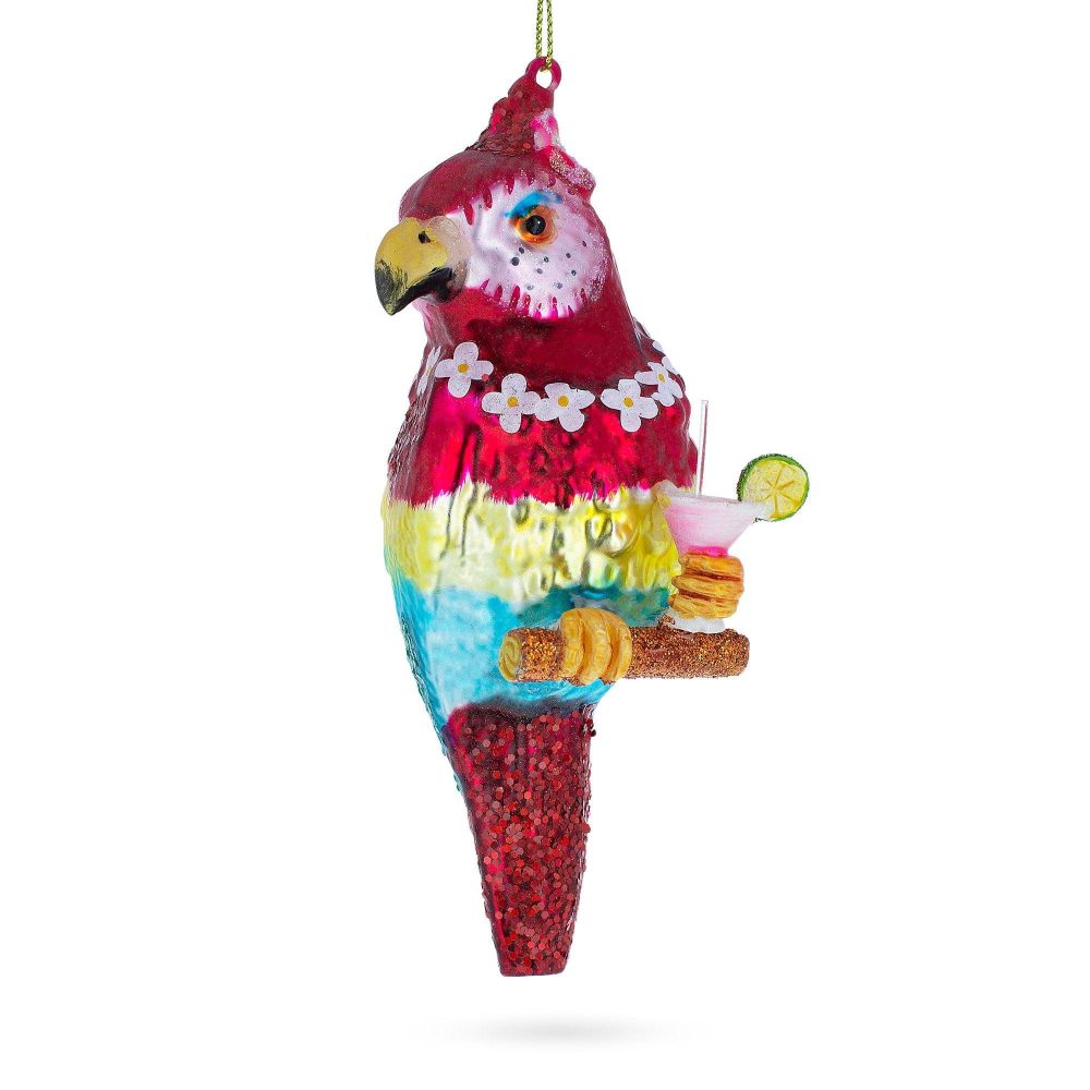 Vibrant Parrot With Drink Blown Glass Christmas Ornament  |   Animals Animals Animals