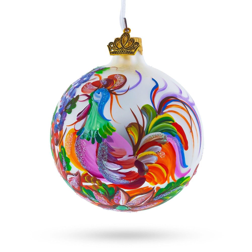 Vibrant Rooster With Flowers Blown Glass Ball Christmas Ornament 3.25 Inches  |   Animals Animals Animals