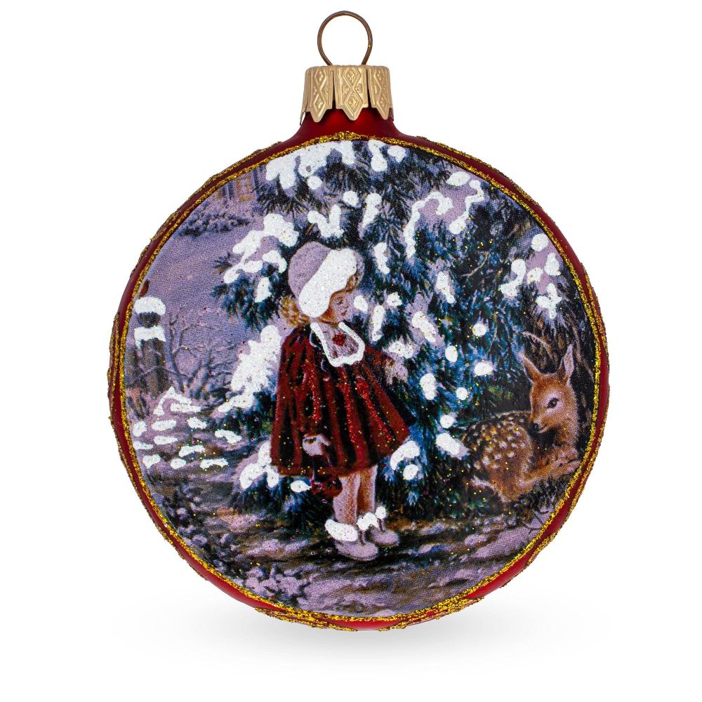 Vintage Style Girl And The Deer Decoupage Mini Glass Christmas Ornament  |   Retro Ornaments Retro