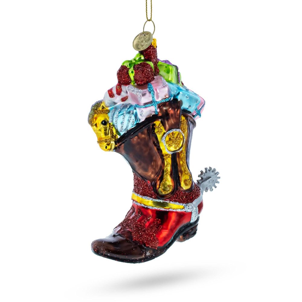 Western Cowboy Boot With Gifts Glass Christmas Ornament  |   Occupations Occupations Occupations