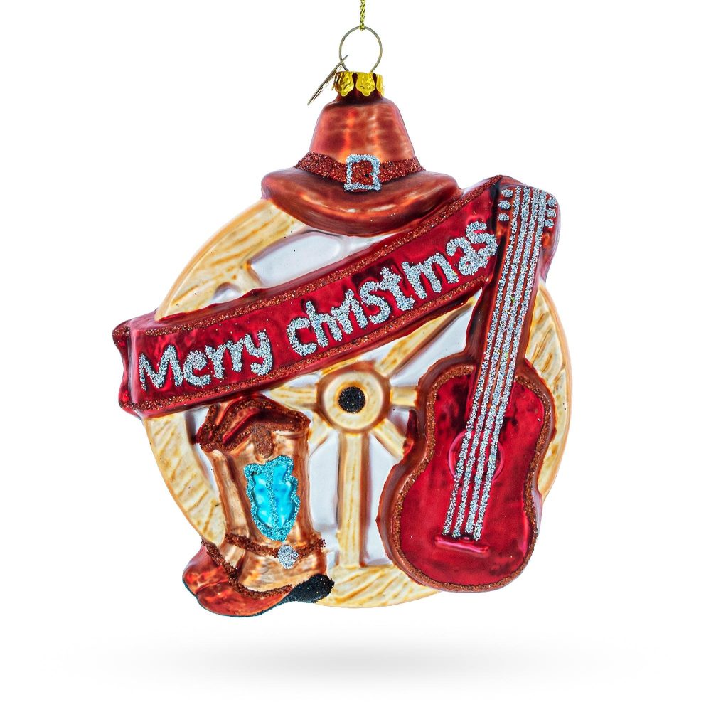 Western Ensemble With Guitar, Cowboy Boots Blown Glass Christmas Ornament  |   Music Music Music