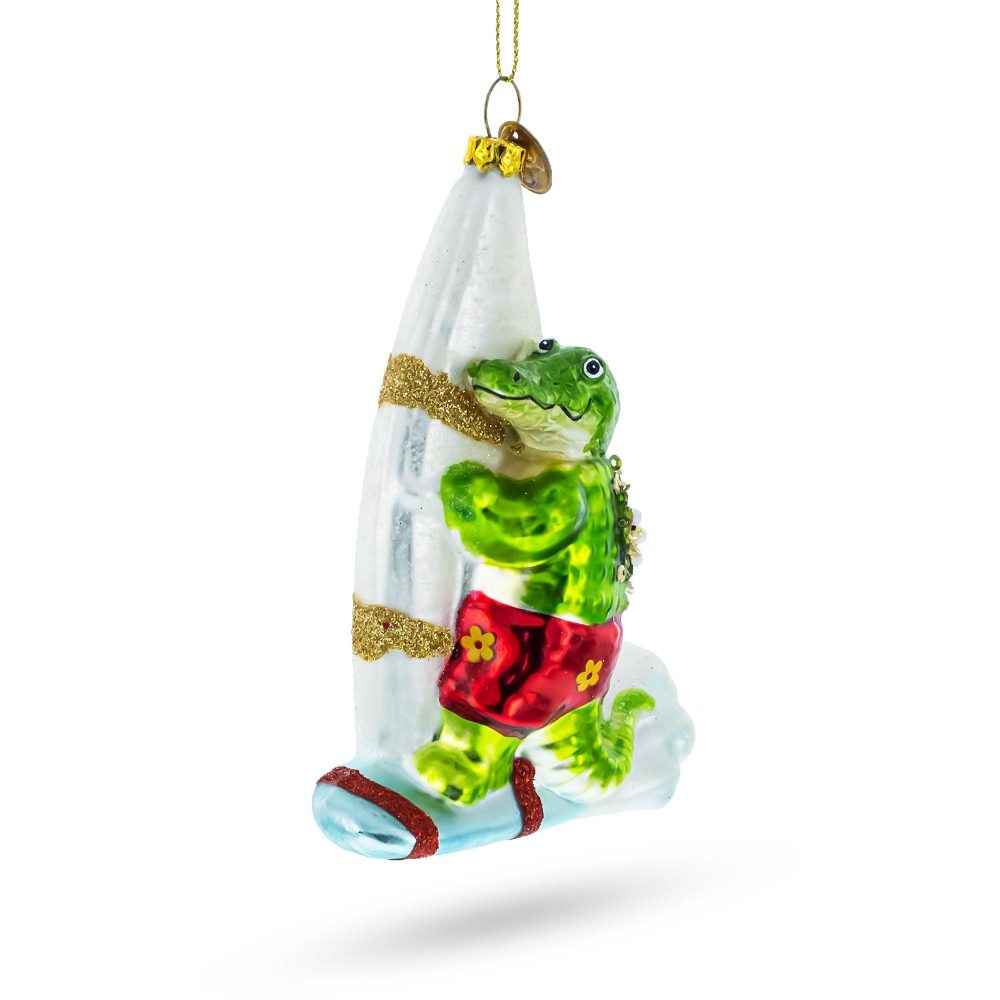 Whimsical Alligator Windsurfer Glass Christmas Ornament  |   Personalized Ornaments Personalized