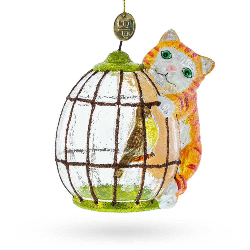 Whimsical Cat With A Bird Cage Glass Christmas Ornament  |   Animals Animals Animals