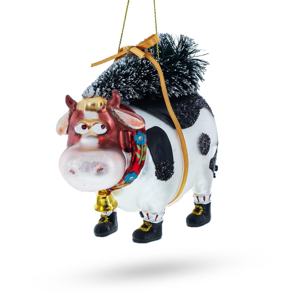 Whimsical Cow Carrying Tree Blown Glass Christmas Ornament  |   Animals Animals Animals