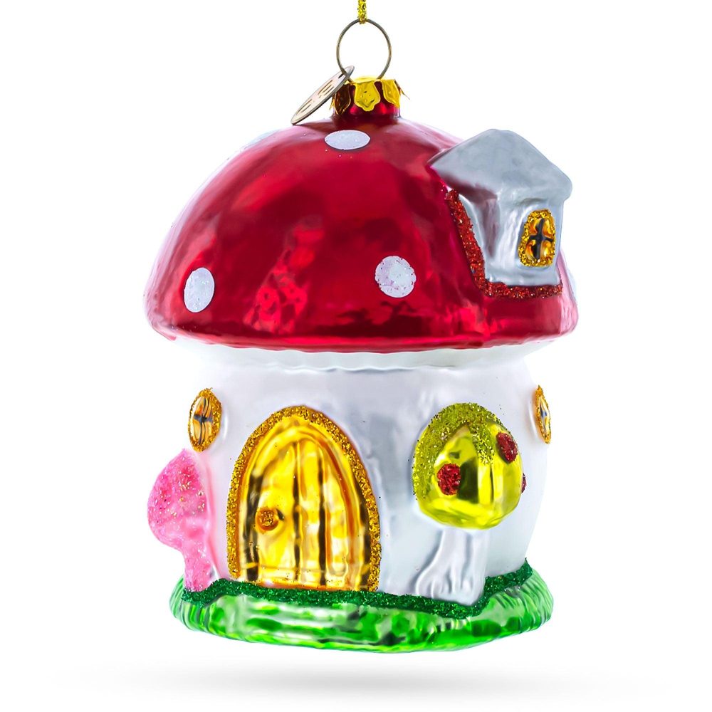 Whimsical Fairy Tale Mushroom House Glass Christmas Ornament  |   Food Food Food