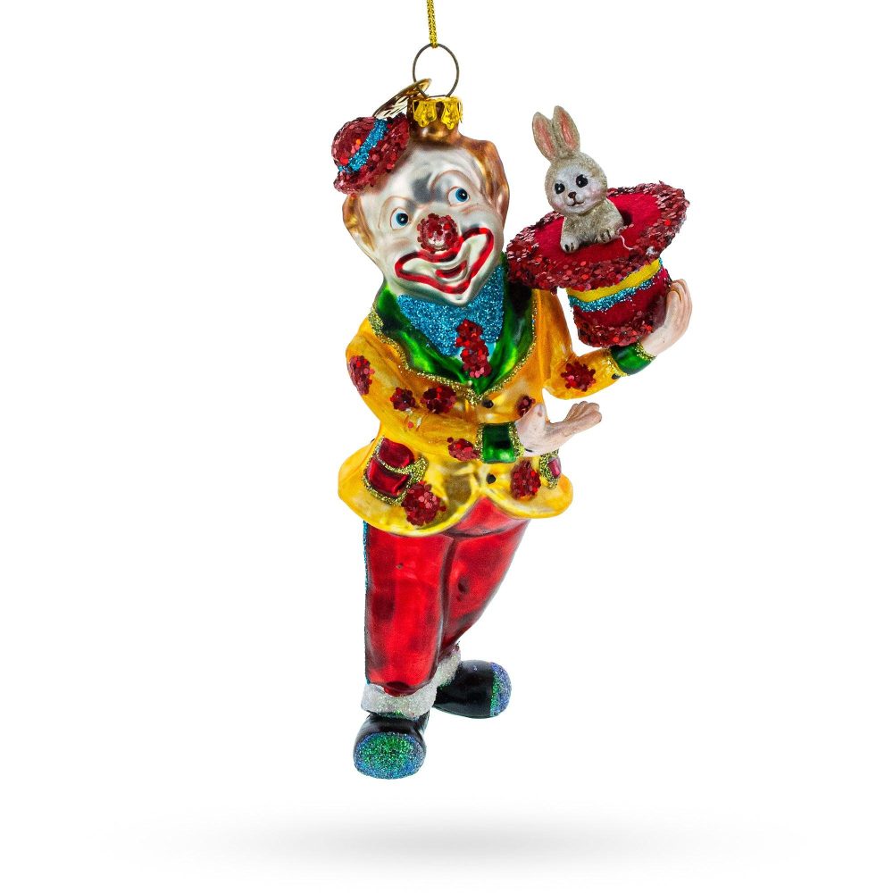 Whimsical Magician Clown Rabbit In A Hat Trick Blown Glass Christmas Ornament  |   Baby Baby Baby