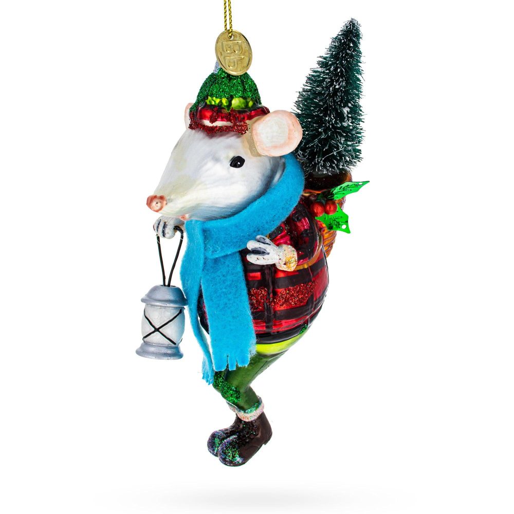 Whimsical Mouse Carrying Lantern Glass Christmas Ornament  |   Animals Animals Animals