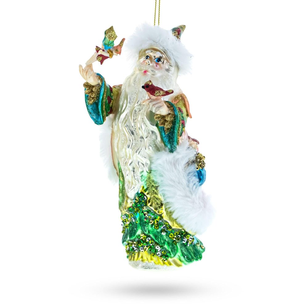 Whimsical Santa In Green Holding Birds Blown Glass Christmas Ornament  |   Santa Ornaments Santa