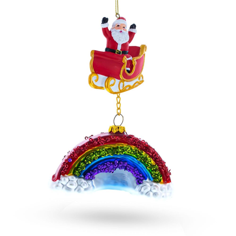 Whimsical Santa In Sleigh Over Rainbow Blown Glass Christmas Ornament  |   Santa Ornaments Santa