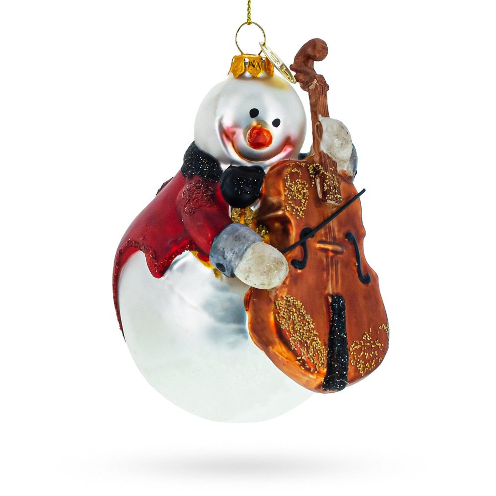 Whimsical Snowman Playing Cello Glass Christmas Ornament  |   Personalized Ornaments Personalized