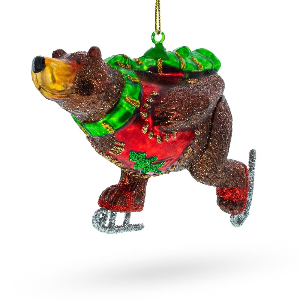 Whimsical Wintertime: Skating Bear Glass Christmas Ornament  |   Animals Animals Animals