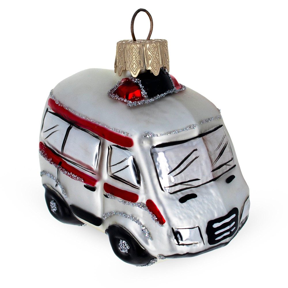 White Ambulance Car Mini Glass Christmas Ornament  |   Transportation Ornaments Transportation