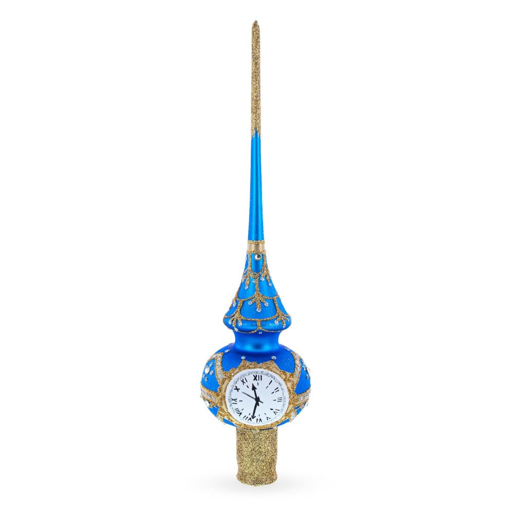 White Dial Clock On Blue And Gold Blown Glass Christmas Tree Topper 11 Inches  |   Tree Toppers Ornaments Tree Toppers