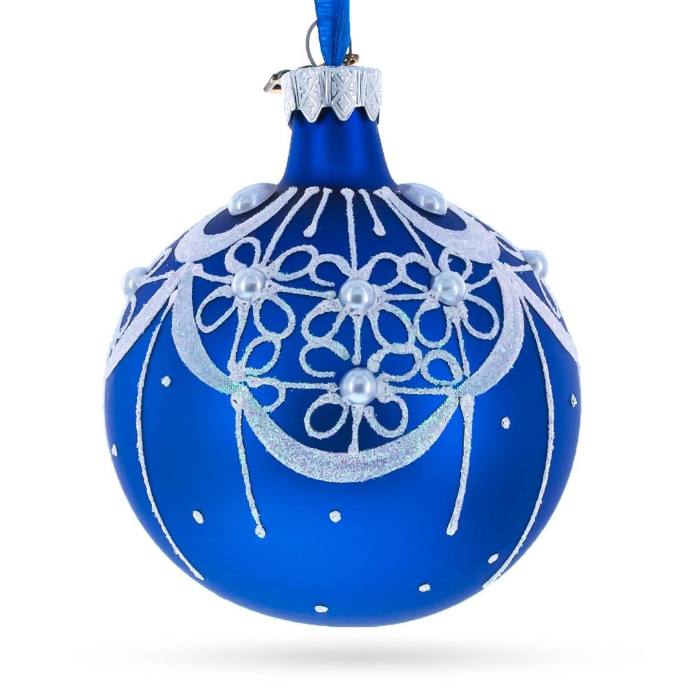 White Flowers Blossoming On A Tranquil Azure Blue Blown Glass Ball Christmas Ornament 3.25 Inches  |   Geometrical Geometrical Geometrical