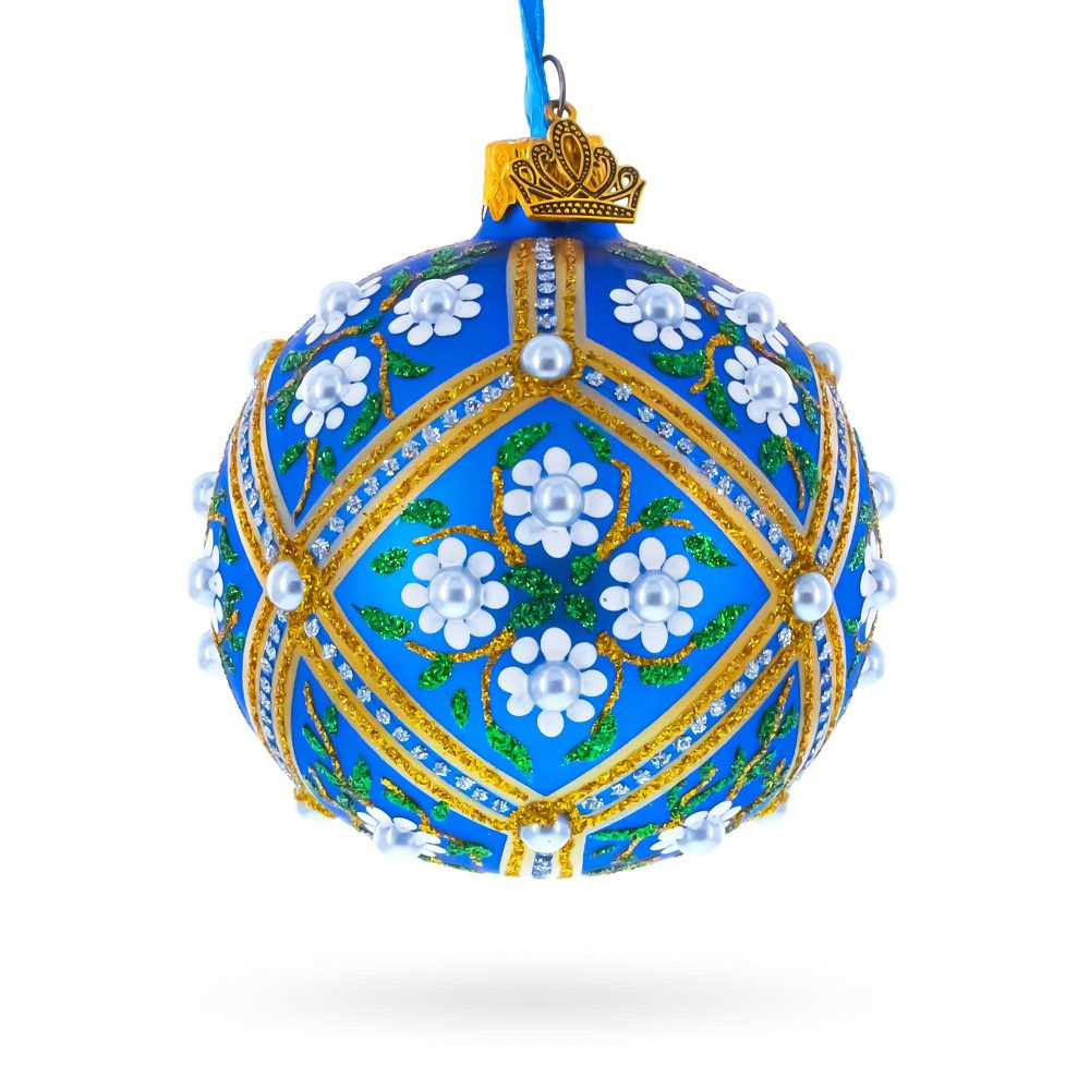 White Flowers On Blue Glass Ball Christmas Ornament 3.25 Inches  |   Flowers Flowers Flowers