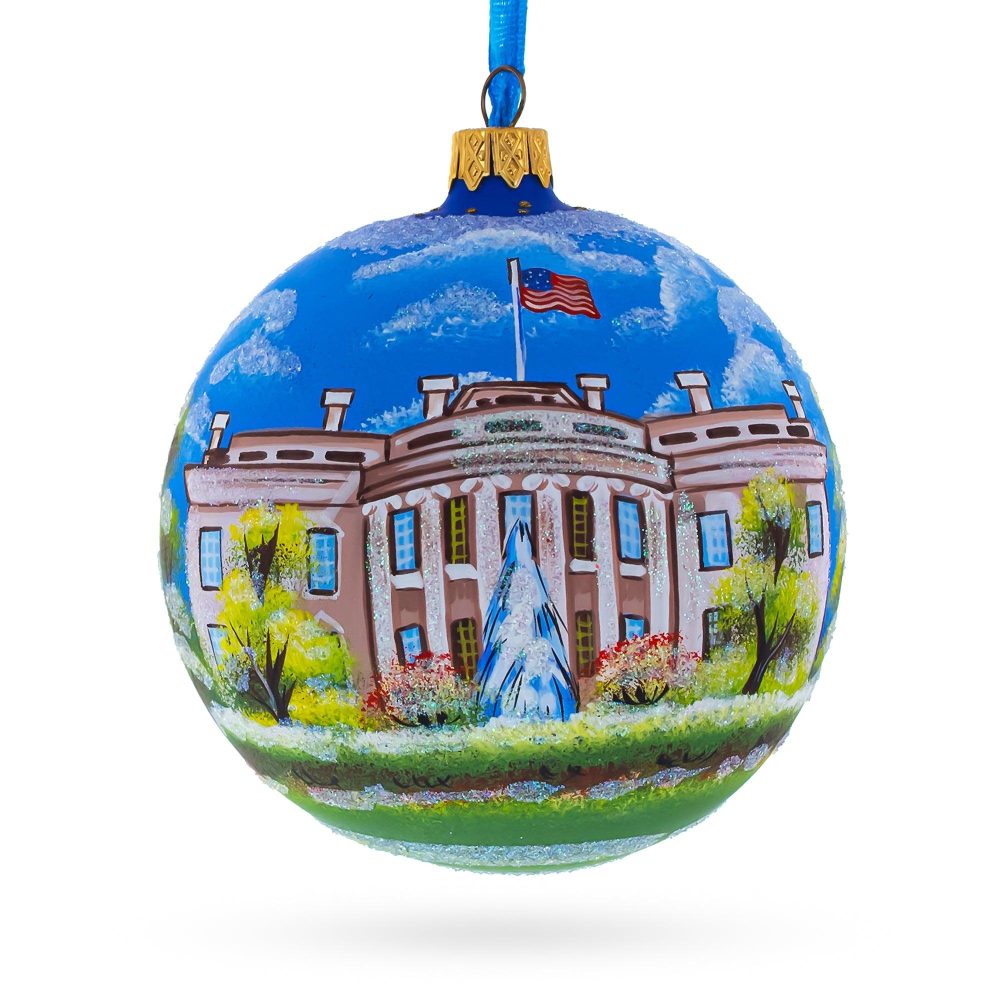 White House, Washington Dc Blown Glass Ball Christmas Ornament 4 Inches  |   Travel Ornaments Travel