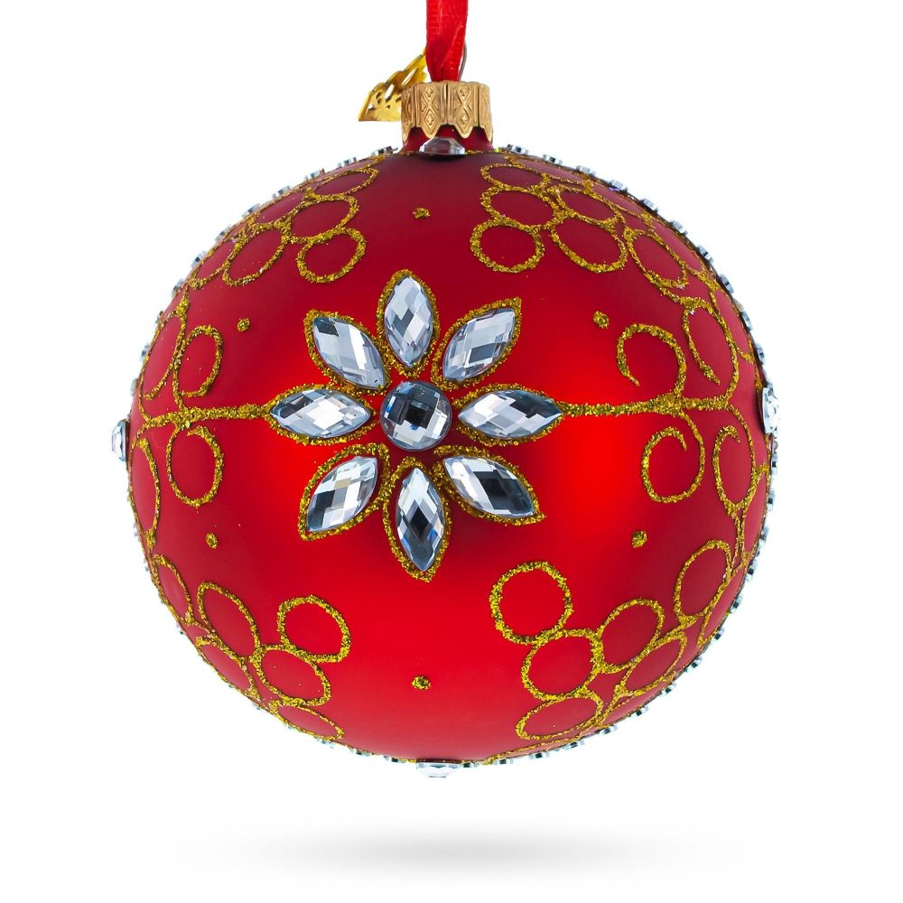 White Jewels On Red Glass Ball Christmas Ornament  |   Personalized Ornaments Personalized