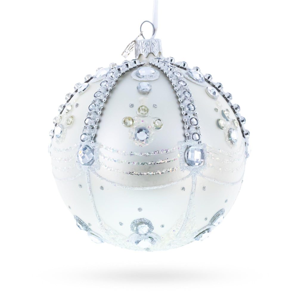 White Jewels On Silver Glass Ball Christmas Ornament 4 Inches  |   Couturier Couturier Couturier