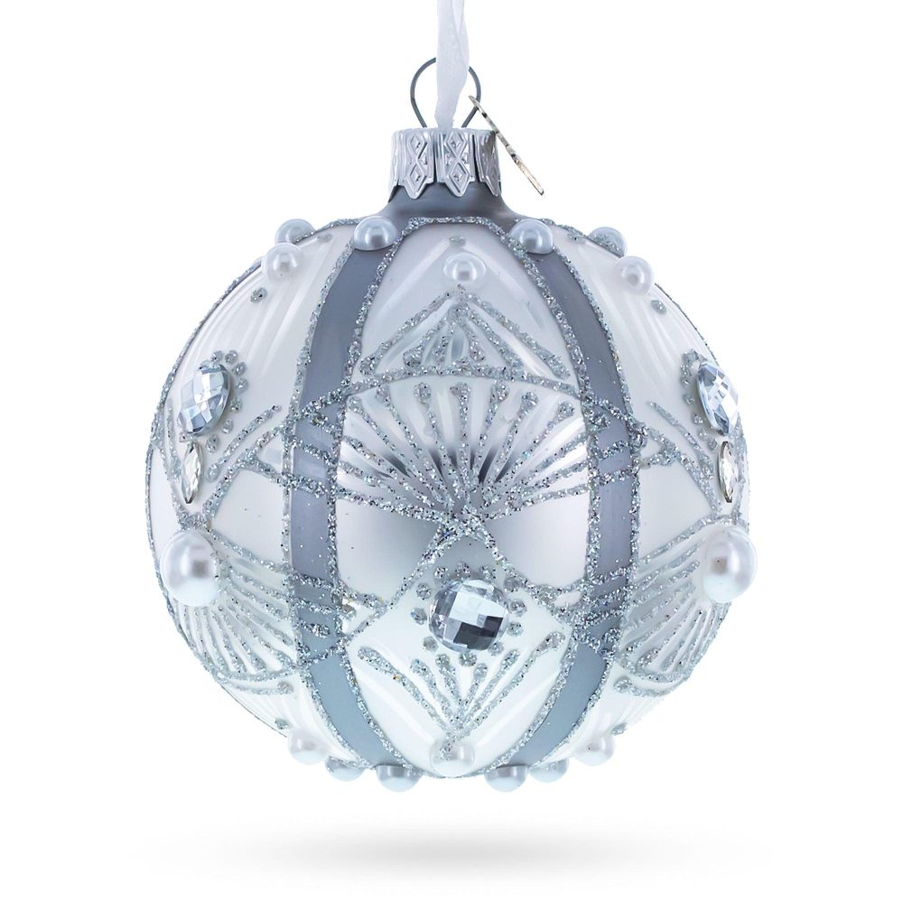 White Jewels On Silver Glass Ball Christmas Ornament  |   Personalized Ornaments Personalized