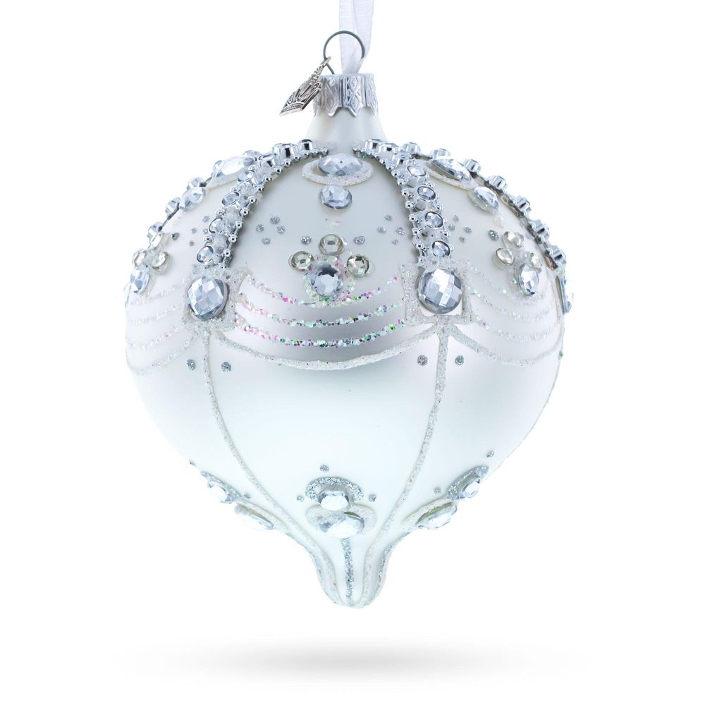 White Jewels On Silver Onion Shape Glass Ornament  |   Couturier Couturier Couturier